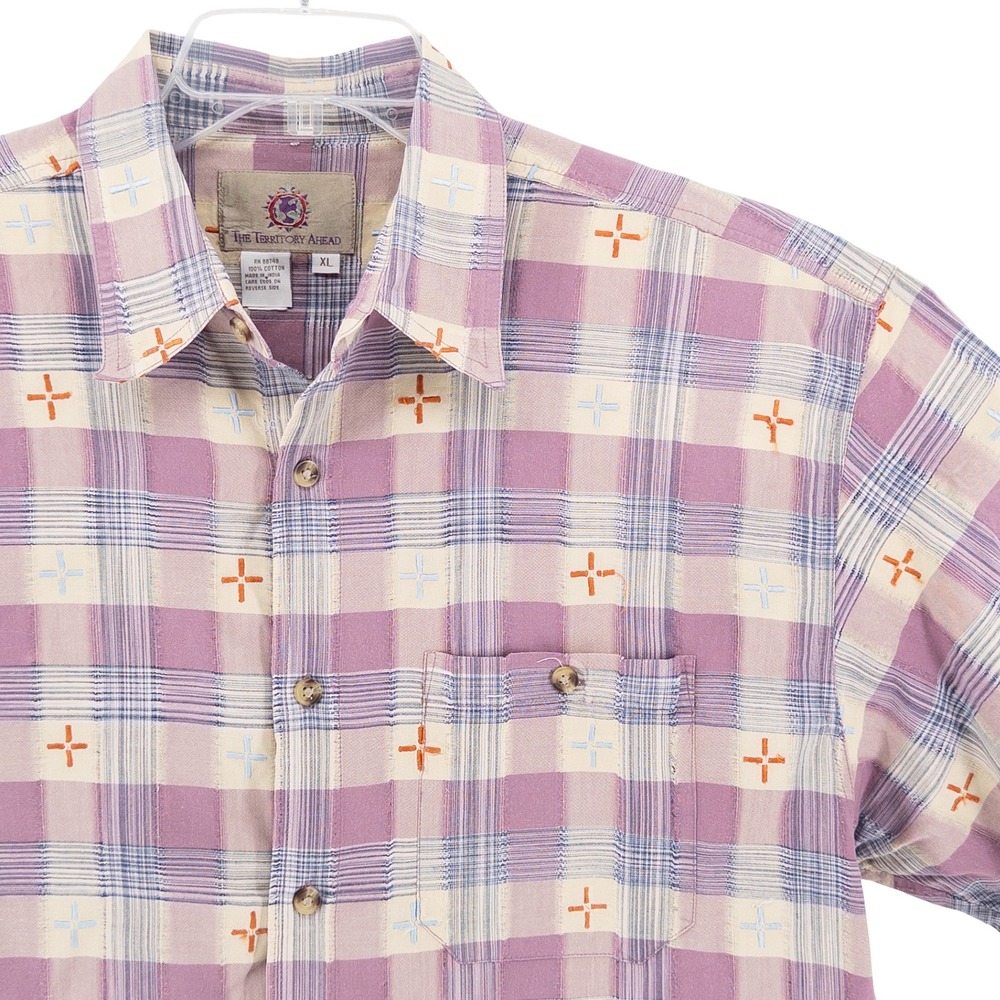 Vintage The Territory Ahead Mens XL Shirt Purple Plaid Embroidered S/S READ